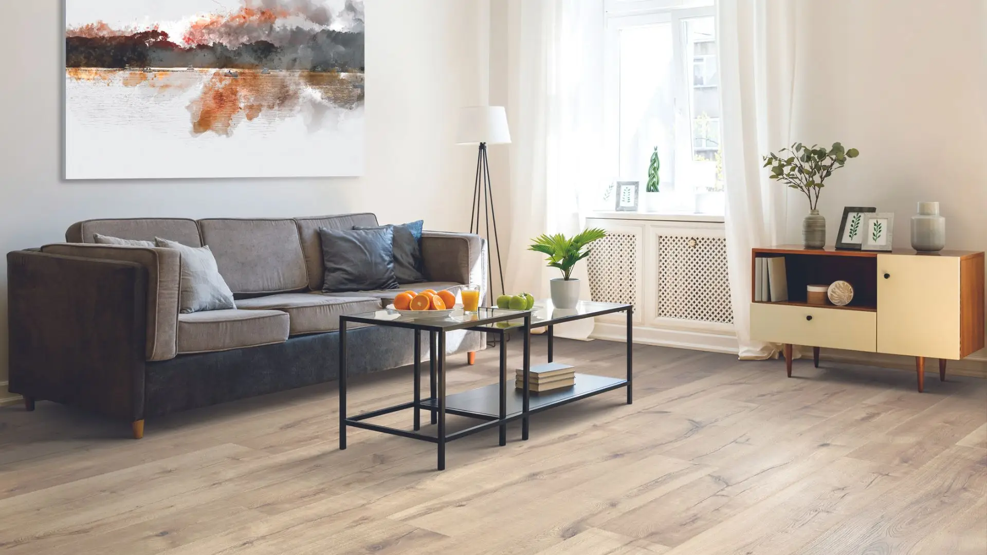 wood look laminate flooring in a bright living room